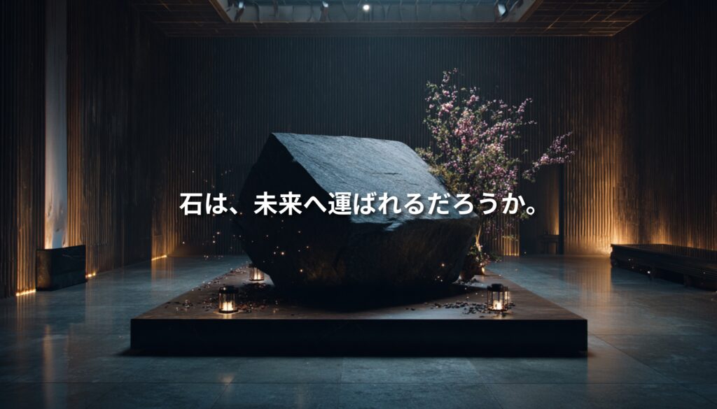 暗い展示空間の中央に大きな石のオブジェが置かれ、背後に花が添えられた空間に「石は、未来へ運ばれるだろうか。」という文字を重ねたアイキャッチ画像
