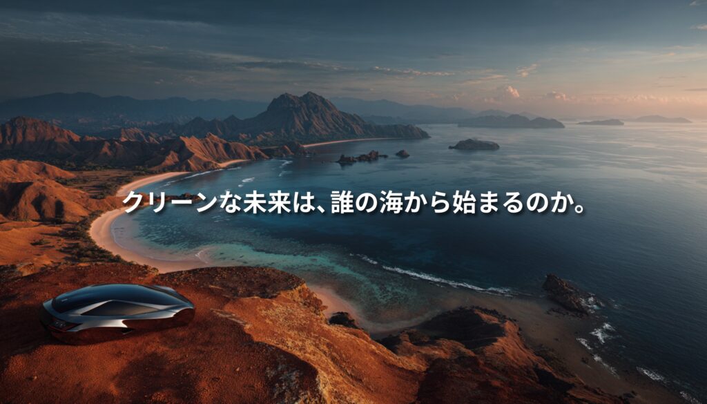 インドネシアの海と赤い大地を背景に、未来的なEVを思わせる黒いフォルムが佇むアイキャッチ画像。クリーンな未来と資源開発の矛盾を象徴している。