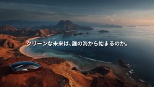 インドネシアの海と赤い大地を背景に、未来的なEVを思わせる黒いフォルムが佇むアイキャッチ画像。クリーンな未来と資源開発の矛盾を象徴している。