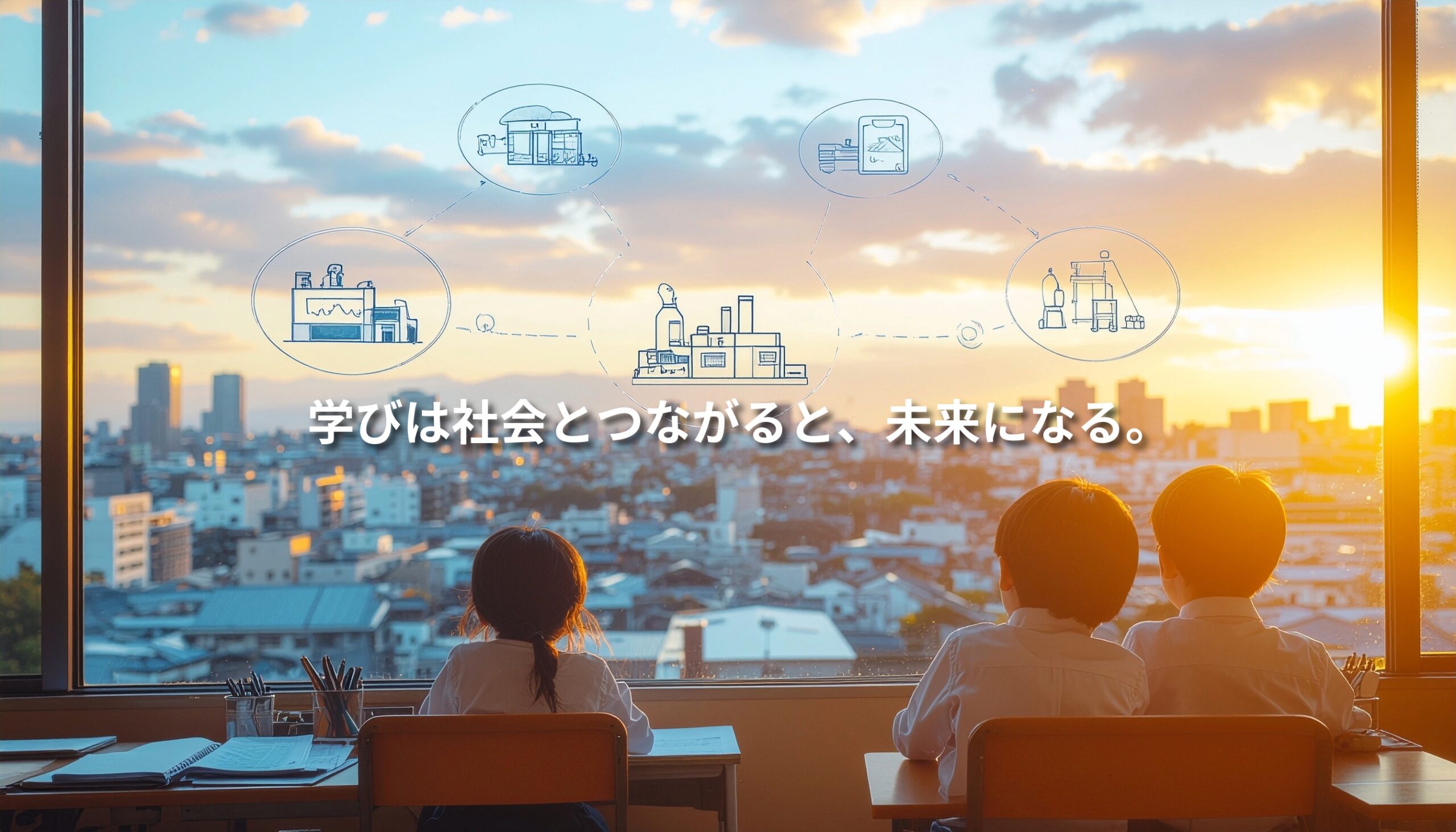 夕暮れの教室で子どもたちが街を眺め、工場・物流・小売を示すアイコンが浮かぶ。学びと社会のつながりを象徴するイラスト。