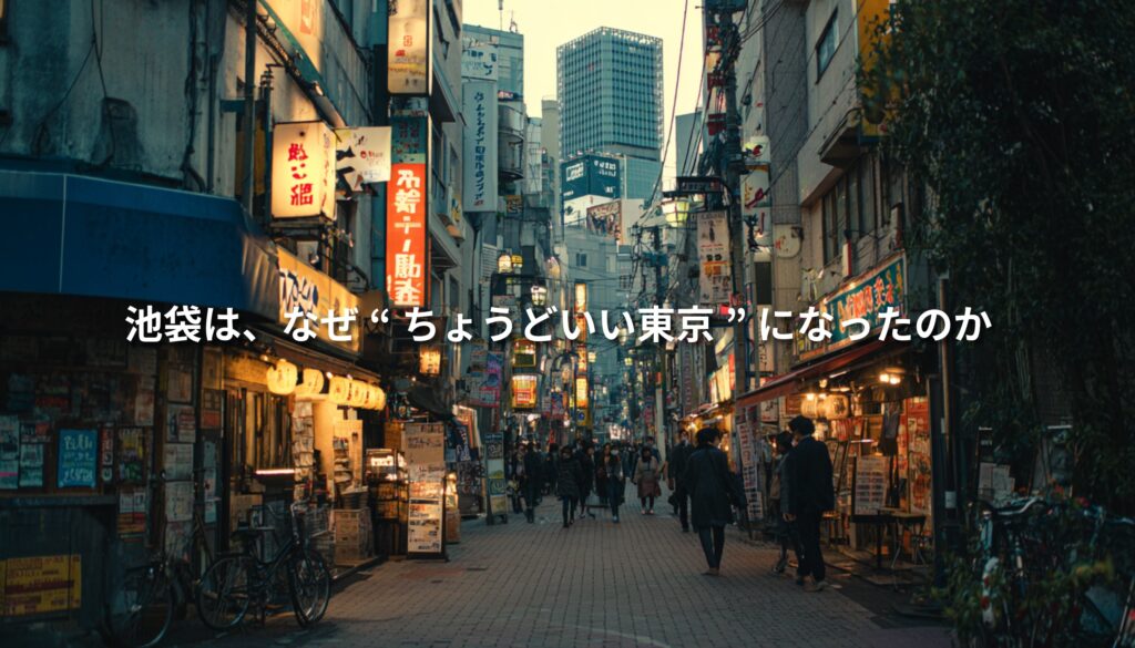 夕暮れの池袋の通りに飲食店の看板や人の流れが並び、「池袋は、なぜ“ちょうどいい東京”になったのか」という文字が重ねられている。池袋の雑多さと都市の変化を表したアイキャッチ画像。