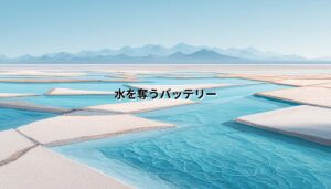 チリ・アタカマ砂漠のリチウム蒸発池を思わせる青い水面と白い塩湖の風景に、「水を奪うバッテリー」という文字が配置されたアイキャッチ画像。