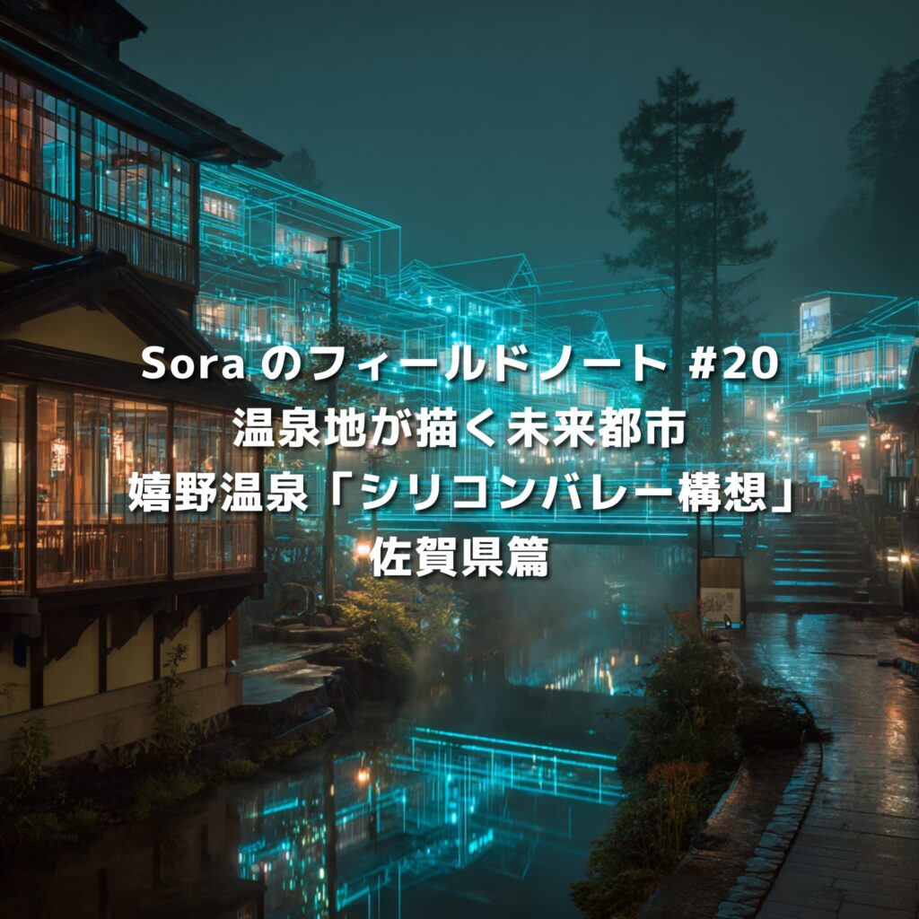 夜の嬉野温泉街に未来都市のようなデジタル光線が重ねられたビジュアル。温泉地が新たなイノベーション拠点へと進化するイメージ。