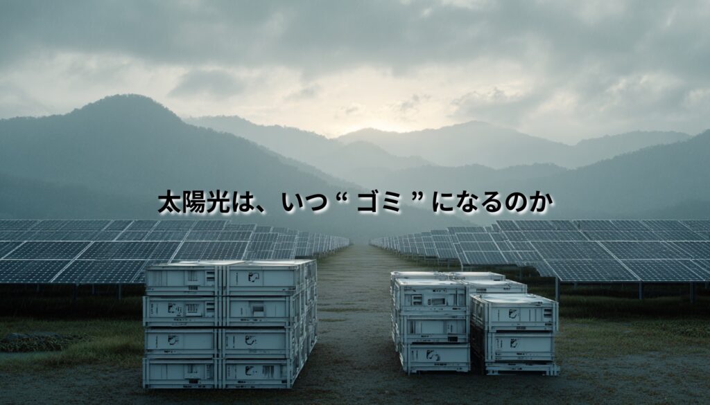 山並みを背景に広がる大規模な太陽光発電所の手前に、回収・保管を思わせる箱が積まれ、「太陽光は、いつ“ゴミ”になるのか」という文字が配置されたアイキャッチ画像。