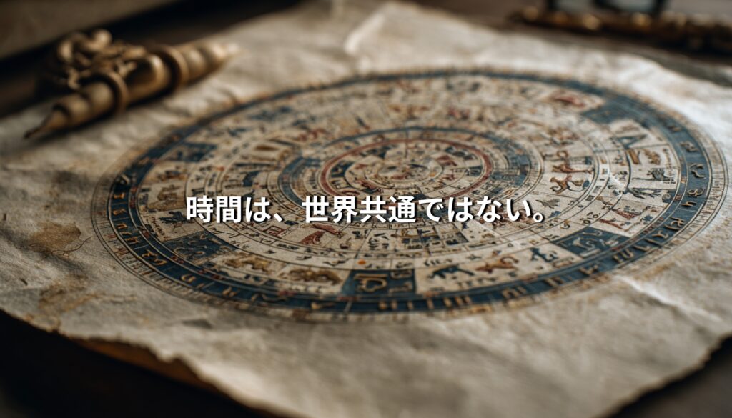 時間が文化や暦によって異なることを象徴する円形の暦図