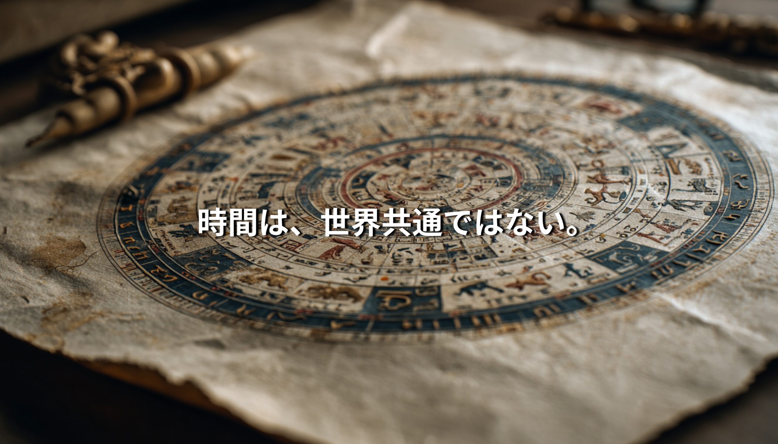 時間が文化や暦によって異なることを象徴する円形の暦図