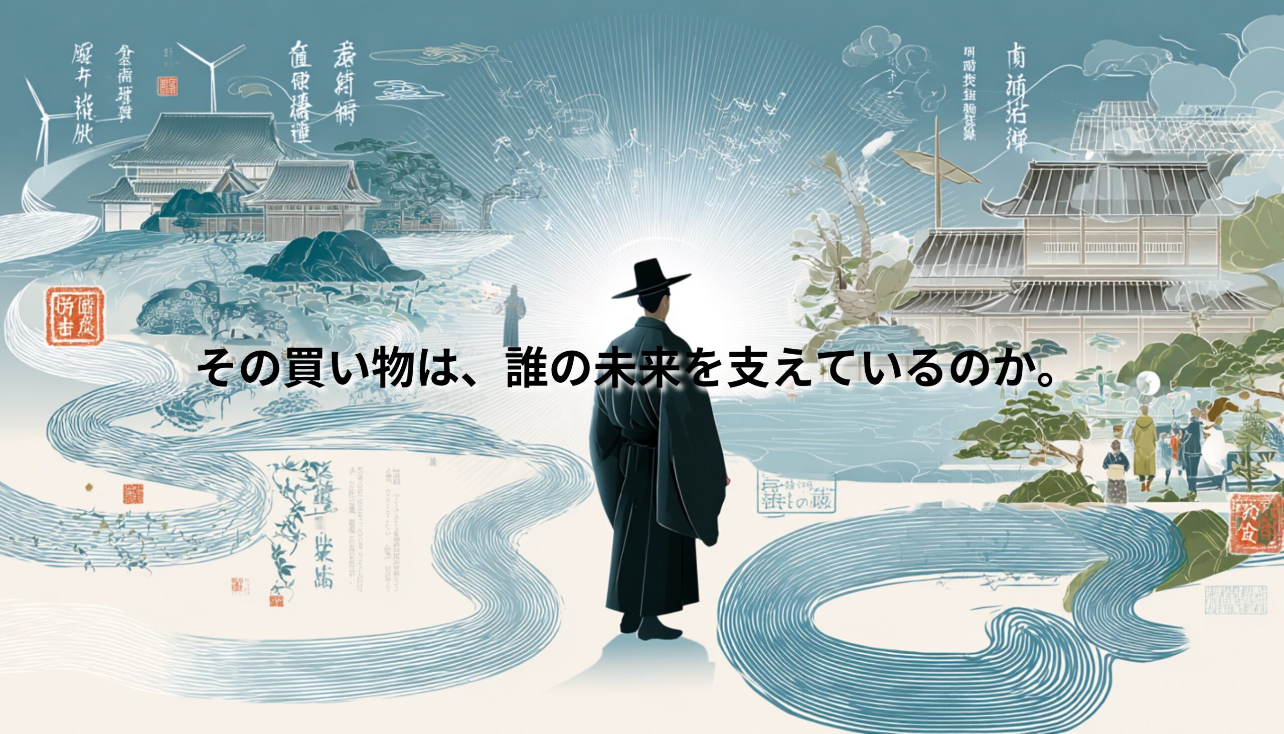 近江商人のシルエットと流れる水のような線で、三方よしの思想と「その買い物は誰の未来を支えているのか」という問いを表現したアイキャッチ画像