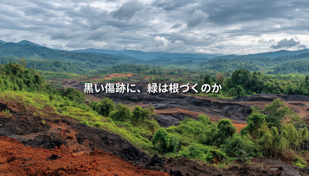 インドネシアの炭鉱跡地を思わせる黒や赤茶の荒れた地形と、その周囲に広がる緑の森を対比的に描き、「黒い傷跡に、緑は根づくのか」という文字が配置されたアイキャッチ画像。