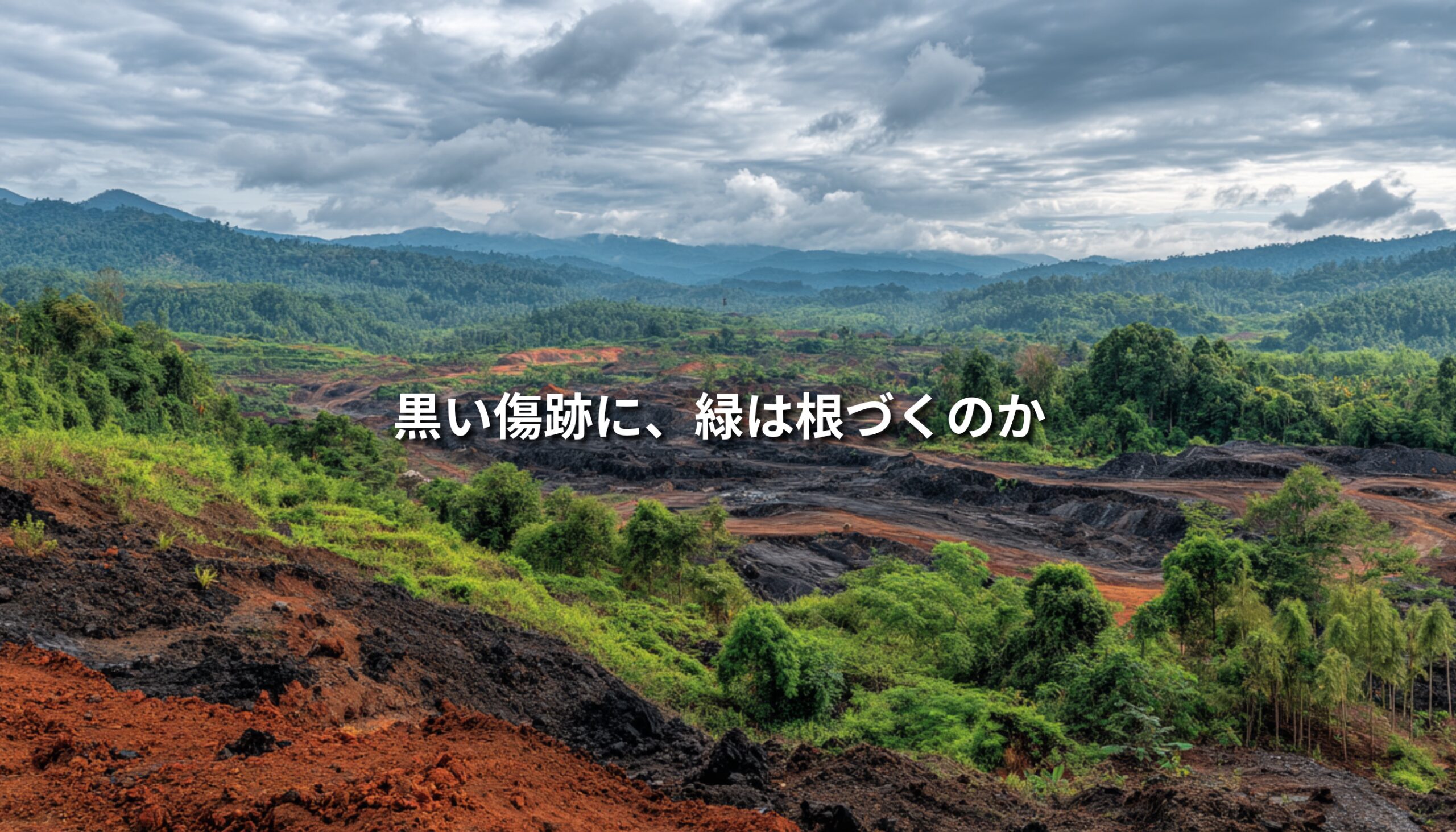 インドネシアの炭鉱跡地を思わせる黒や赤茶の荒れた地形と、その周囲に広がる緑の森を対比的に描き、「黒い傷跡に、緑は根づくのか」という文字が配置されたアイキャッチ画像。