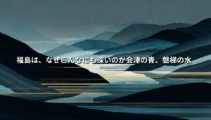 青と黒の抽象的な山並みと水景を背景に、「福島は、なぜこんなにも深いのか　会津の青、磐梯の水」と表示したアイキャッチ画像