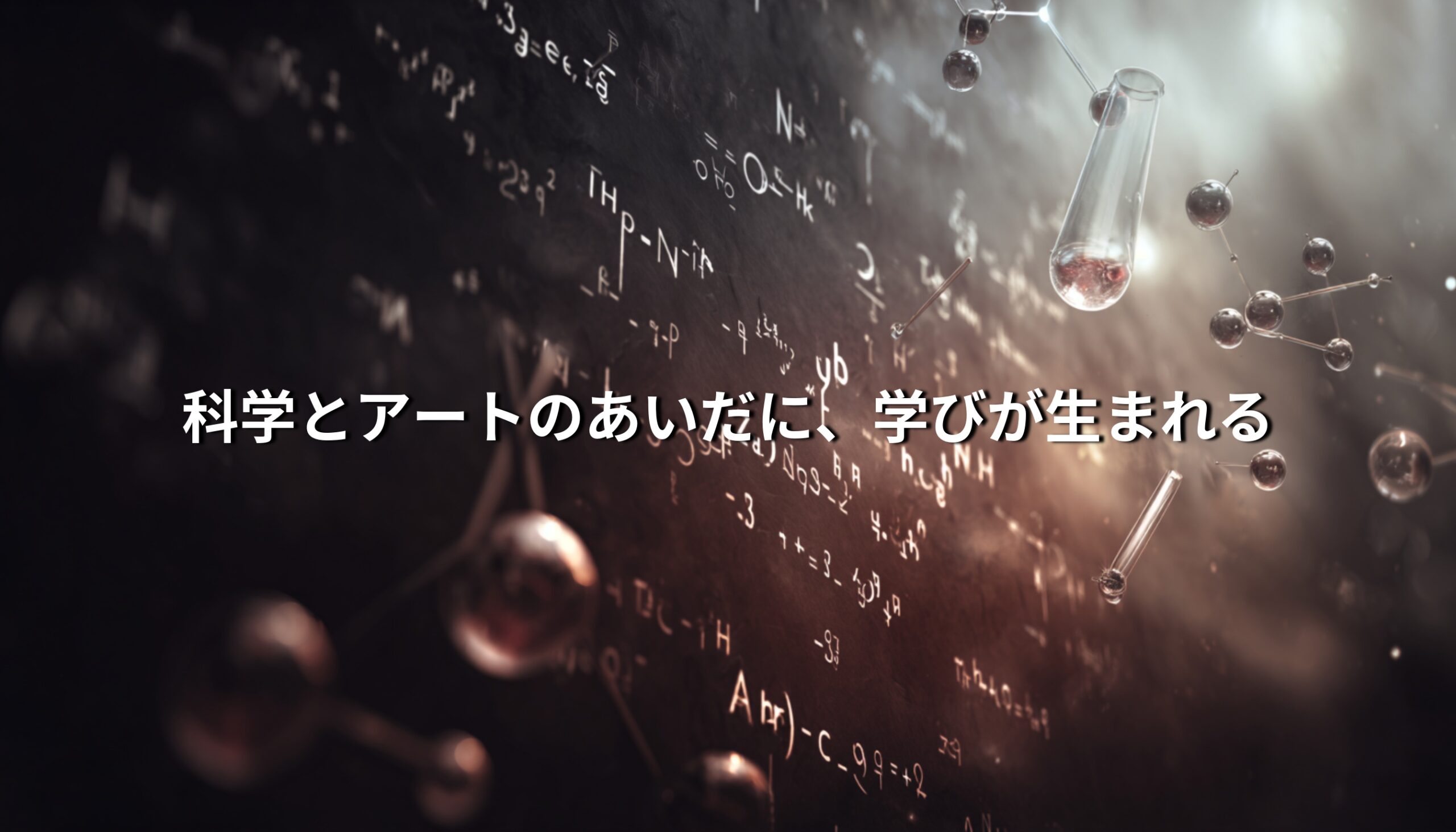 数式が浮かぶ空間に、フラスコや分子模型が漂い、科学とアートが交差するイメージ
