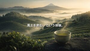 朝霧に包まれた静岡の茶畑と富士山を背景に、湯気の立つ日本茶の茶碗が置かれている情景