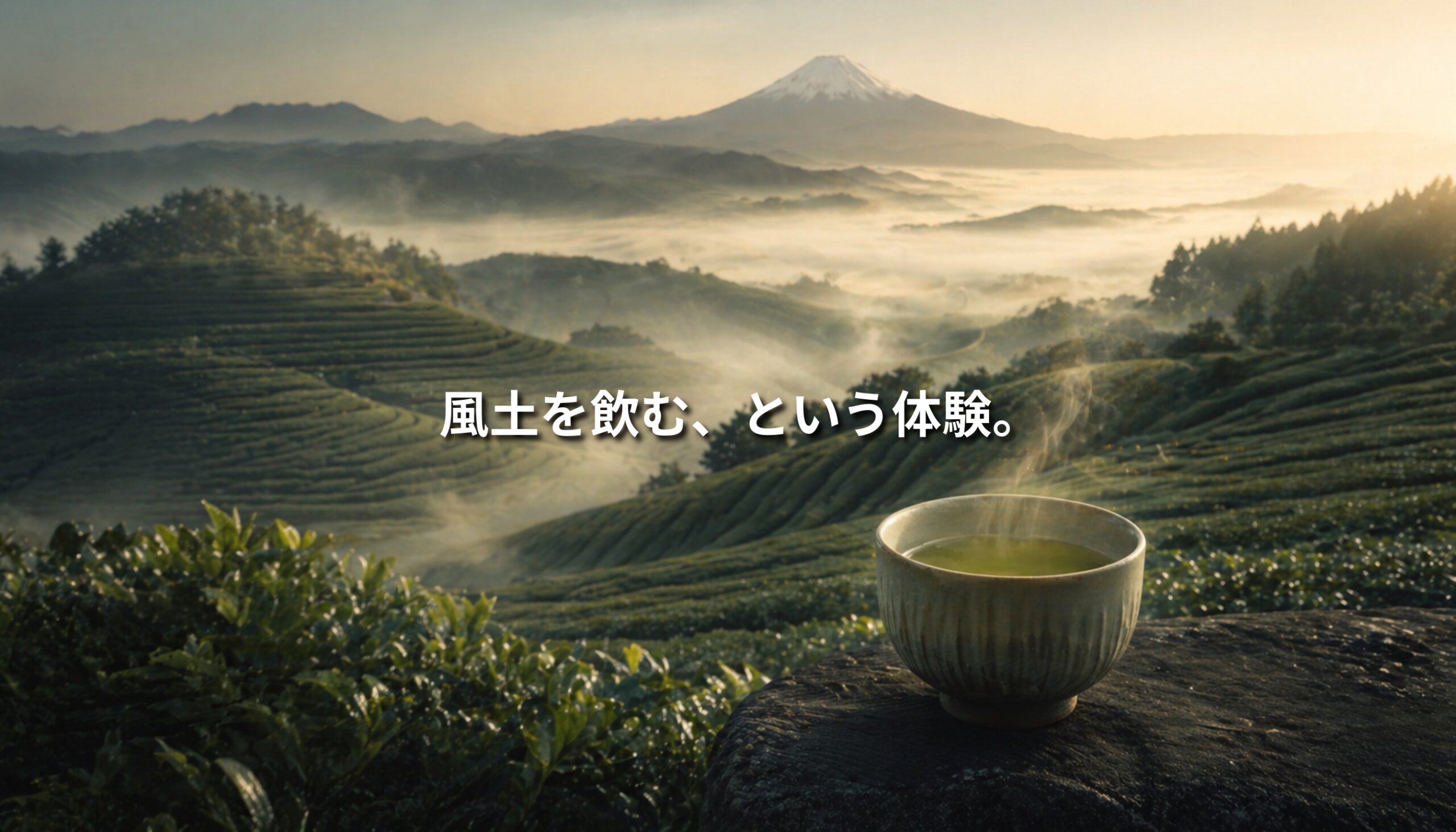 朝霧に包まれた静岡の茶畑と富士山を背景に、湯気の立つ日本茶の茶碗が置かれている情景