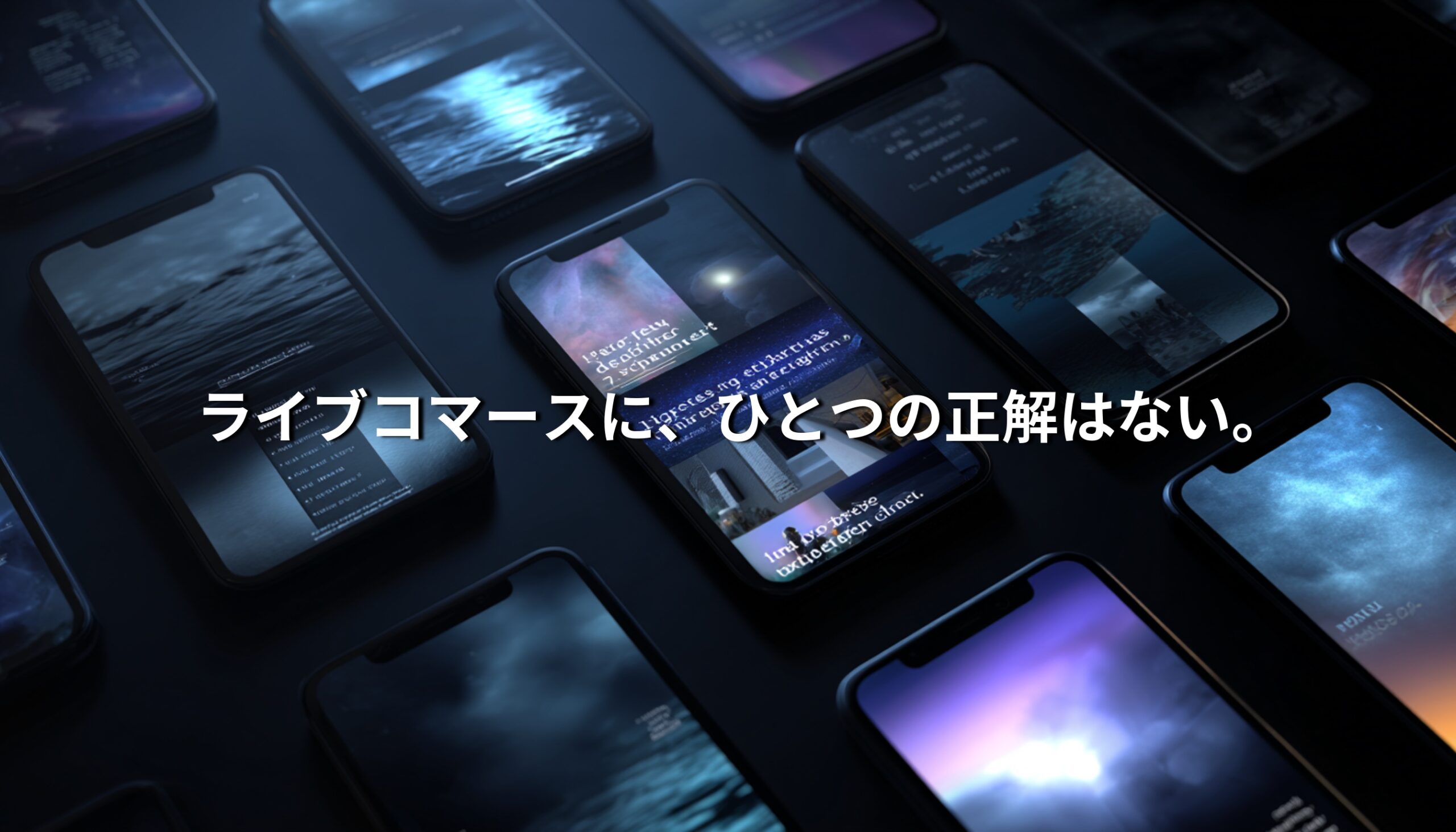 複数のスマートフォン画面が並ぶ暗い空間。異なるライブ配信の雰囲気が重なり、プラットフォームごとに異なるライブコマースの思想を示すイメージ。
