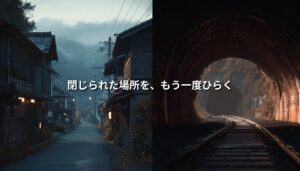 歴史的建物が並ぶ静かな街並みと廃線トンネルを組み合わせ、閉じられた地域遺産をもう一度ひらくというテーマを表現したアイキャッチ画像