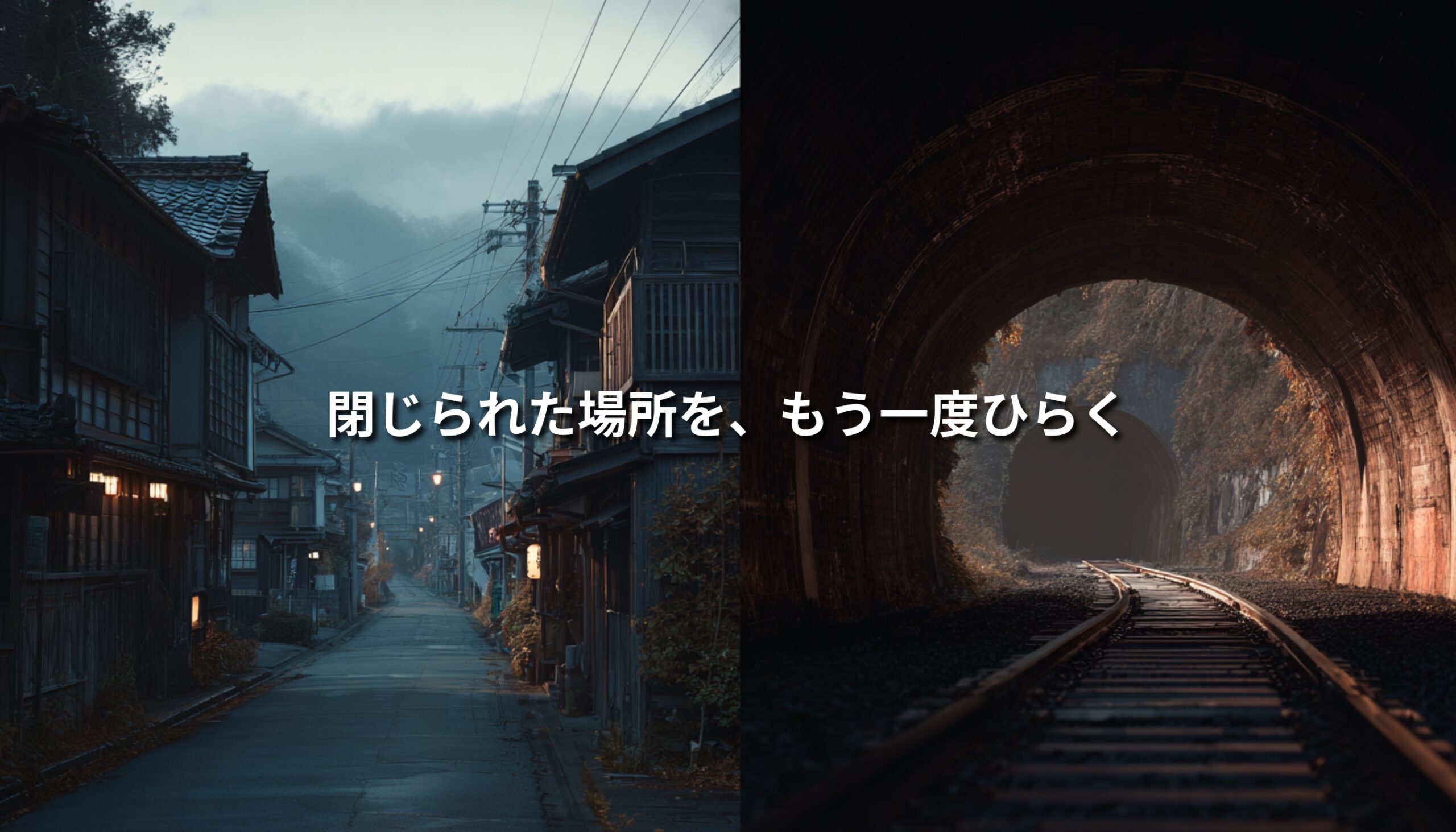 歴史的建物が並ぶ静かな街並みと廃線トンネルを組み合わせ、閉じられた地域遺産をもう一度ひらくというテーマを表現したアイキャッチ画像
