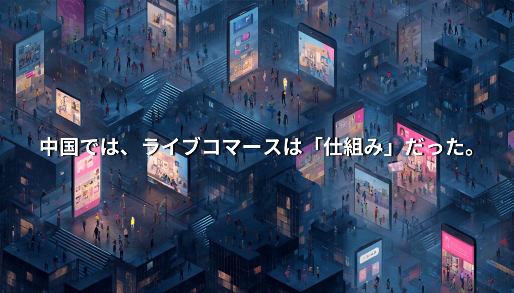 都市空間に広がる複数のデジタルスクリーンと人々の流れ。中国でライブコマースが生活インフラとして機能する社会構造を象徴するイメージ。