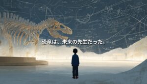恐竜骨格の前に立つ子どもと、「恐竜は、未来の先生だった。」というコピーが重なる福井の恐竜教育イメージ