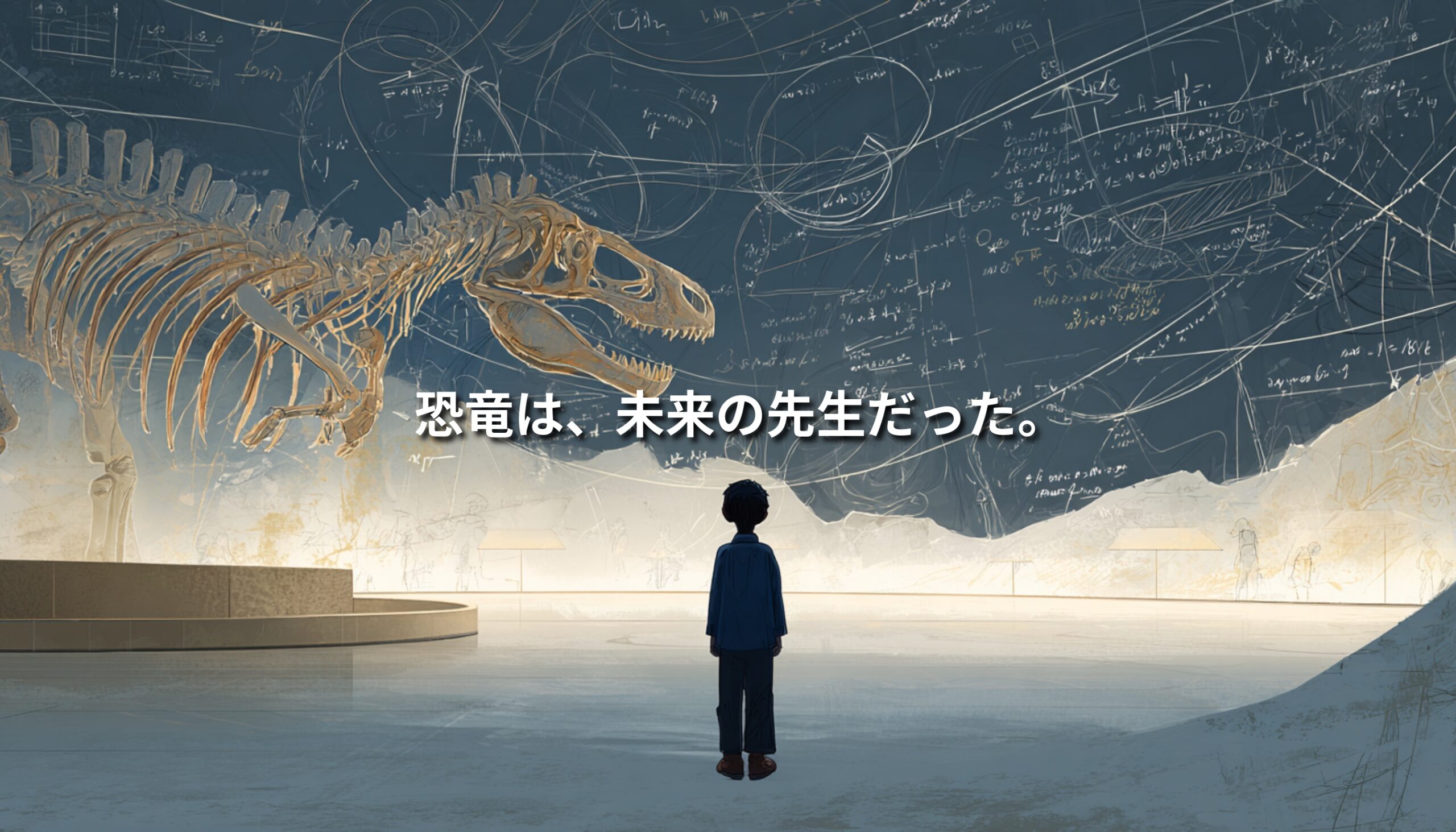 恐竜骨格の前に立つ子どもと、「恐竜は、未来の先生だった。」というコピーが重なる福井の恐竜教育イメージ