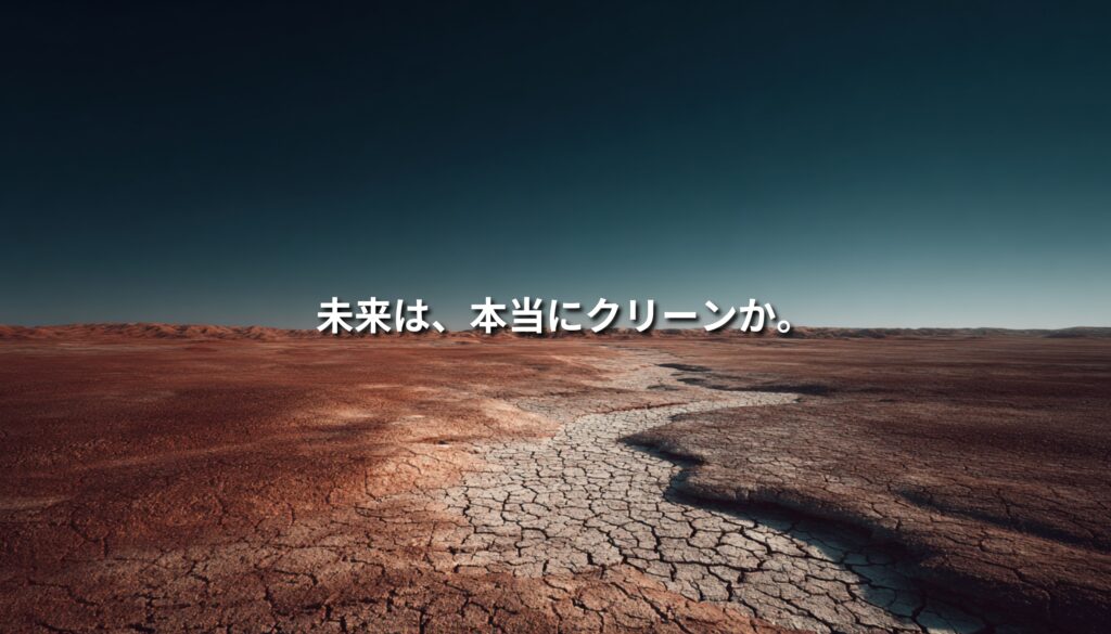 「未来は、本当にクリーンか。」というコピーが重なる、オーストラリアの赤い大地とひび割れた地表のアイキャッチ画像