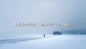 雪に覆われた青森の広い平野に続く道と、遠くを歩く一人の人物