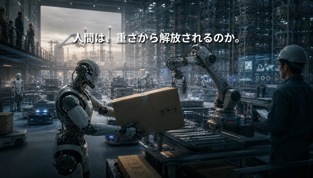 未来的な物流倉庫で、ヒューマノイドロボットが重い荷物を持ち上げ、人間の作業員がタブレットで作業を監視している。中国で進むロボット生産と日本の物流自動化の未来を象徴するイメージ。