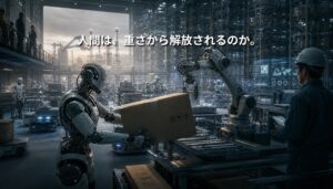 未来的な物流倉庫で、ヒューマノイドロボットが重い荷物を持ち上げ、人間の作業員がタブレットで作業を監視している。中国で進むロボット生産と日本の物流自動化の未来を象徴するイメージ。