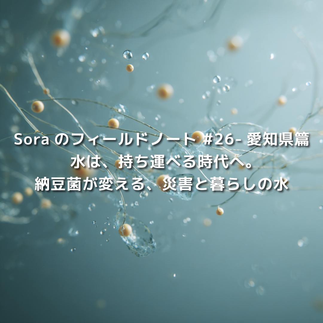 納豆菌由来の技術で水を浄化し、災害時や日常生活で水を持ち運べる未来を描いたビジュアル