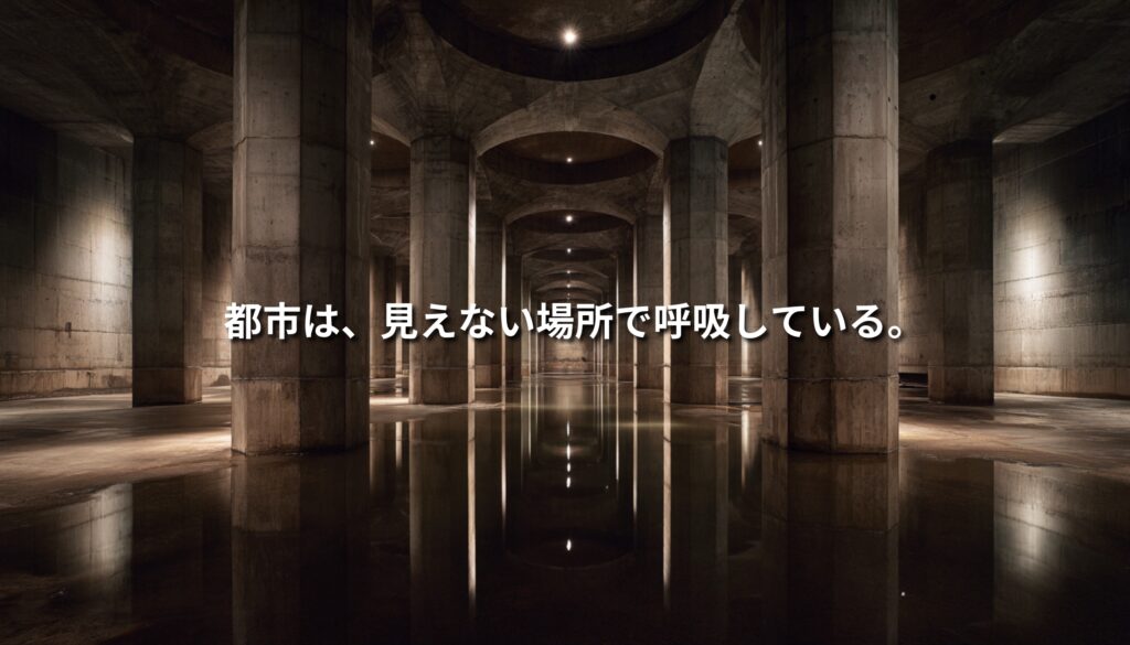 巨大な地下放水路のコンクリート柱と水面の反射を背景に、「都市は、見えない場所で呼吸している。」というコピーを重ねたアイキャッチ画像