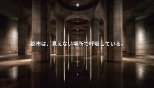 巨大な地下放水路のコンクリート柱と水面の反射を背景に、「都市は、見えない場所で呼吸している。」というコピーを重ねたアイキャッチ画像