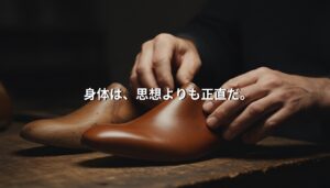 イタリアの靴職人が革靴の表面を指で確かめている様子。木製の作業台の上で、手仕事による靴づくりが行われている。