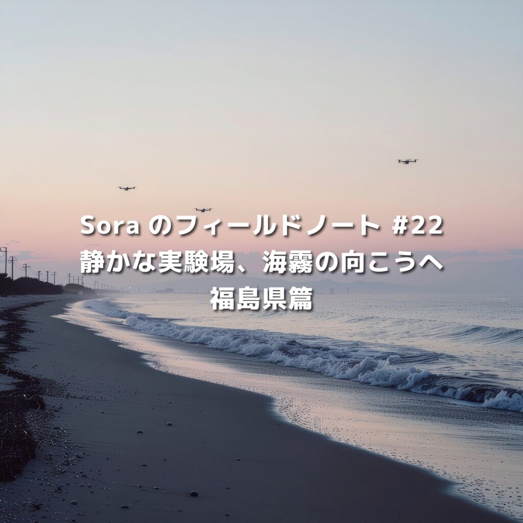 「夕暮れの福島・浜通りの海岸上空を飛行するドローン。静かな波と淡い海霧が広がる“実験場”としての風景。」