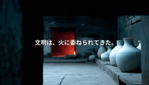 中国の陶磁工房で、窯の奥に赤く燃える火と、手前に並ぶ白磁の壺。焼成を待つ器と炎の対比が印象的な風景。