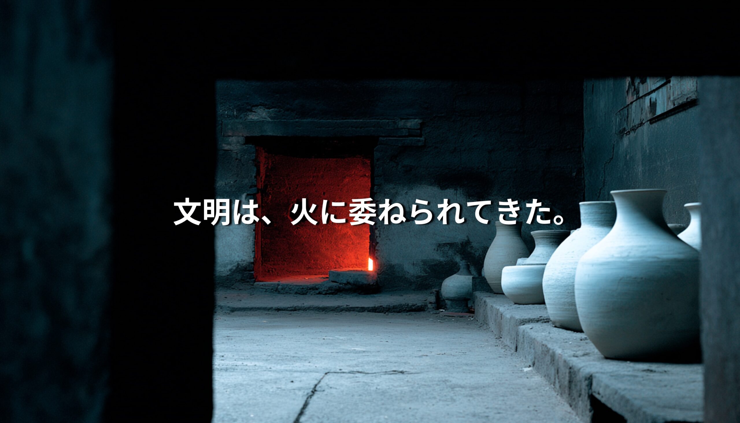 中国の陶磁工房で、窯の奥に赤く燃える火と、手前に並ぶ白磁の壺。焼成を待つ器と炎の対比が印象的な風景。
