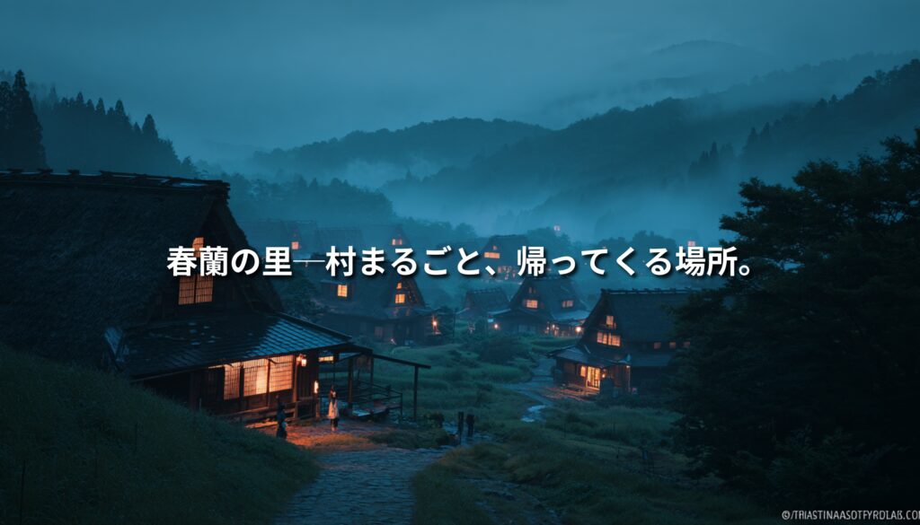 霧に包まれた能登町の山あいの集落に、家々の灯りがともる春蘭の里のイメージ画像
