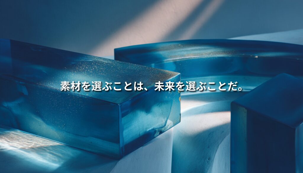 青い透明素材の抽象的なオブジェを通して、脱・石油時代のインテリア美学と素材選びの重要性を表現したアイキャッチ画像
