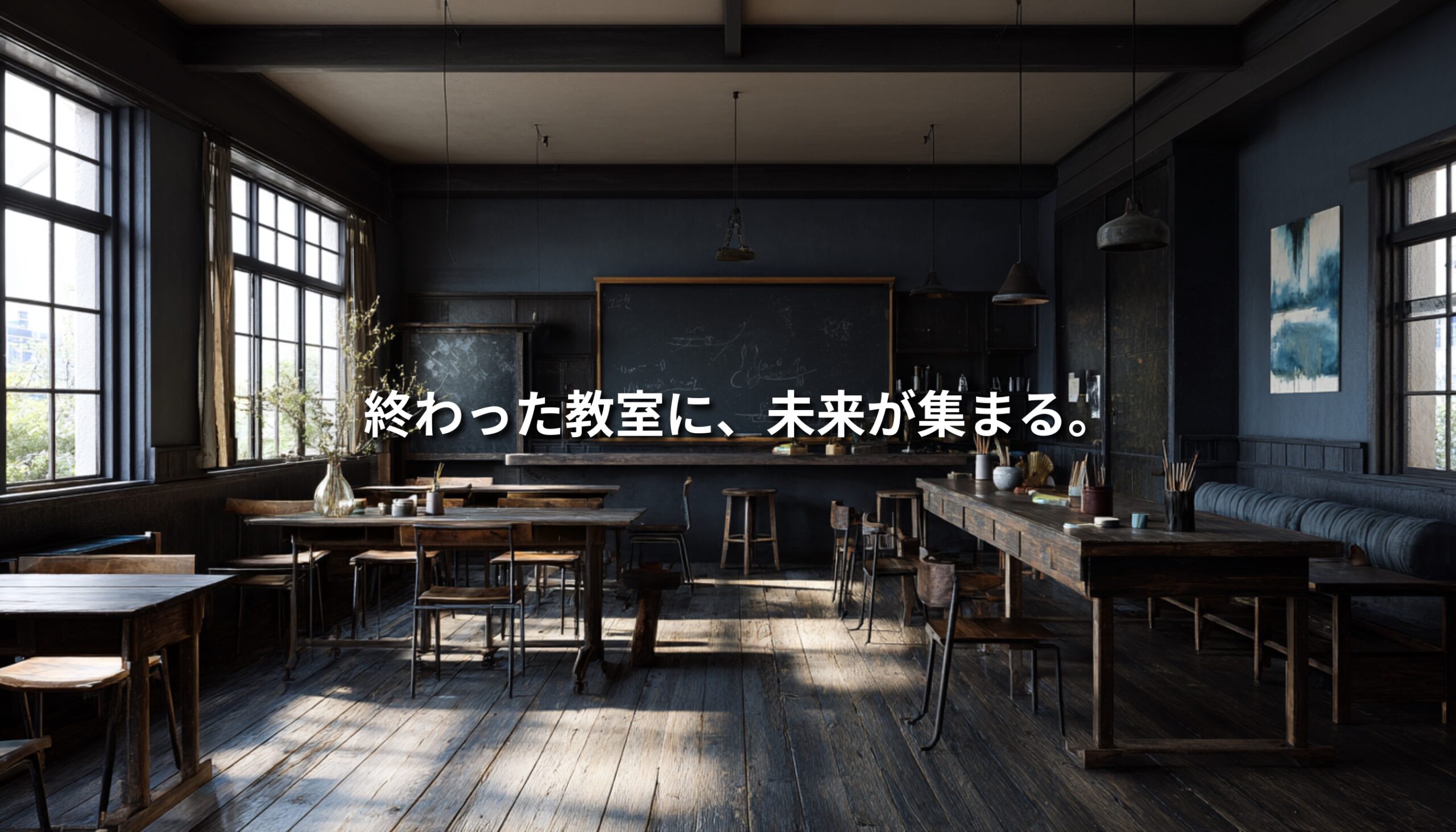 廃校となった古い教室に柔らかな光が差し込み、黒板と木の机が静かに残る中、「終わった教室に、未来が集まる。」というコピーが配置されたNEOTERRAIN Journalのアイキャッチ画像