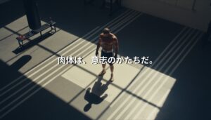 光が差し込むジムの床に立つボクサーの俯瞰構図。「肉体は、意志のかたちだ。」という文字が重なる。
