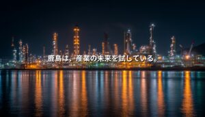 夜の鹿島臨海工業地帯を想起させる工場夜景。水面に工場の光が反射し、中央に「鹿島は、産業の未来を試している。」というコピーが配置されている。