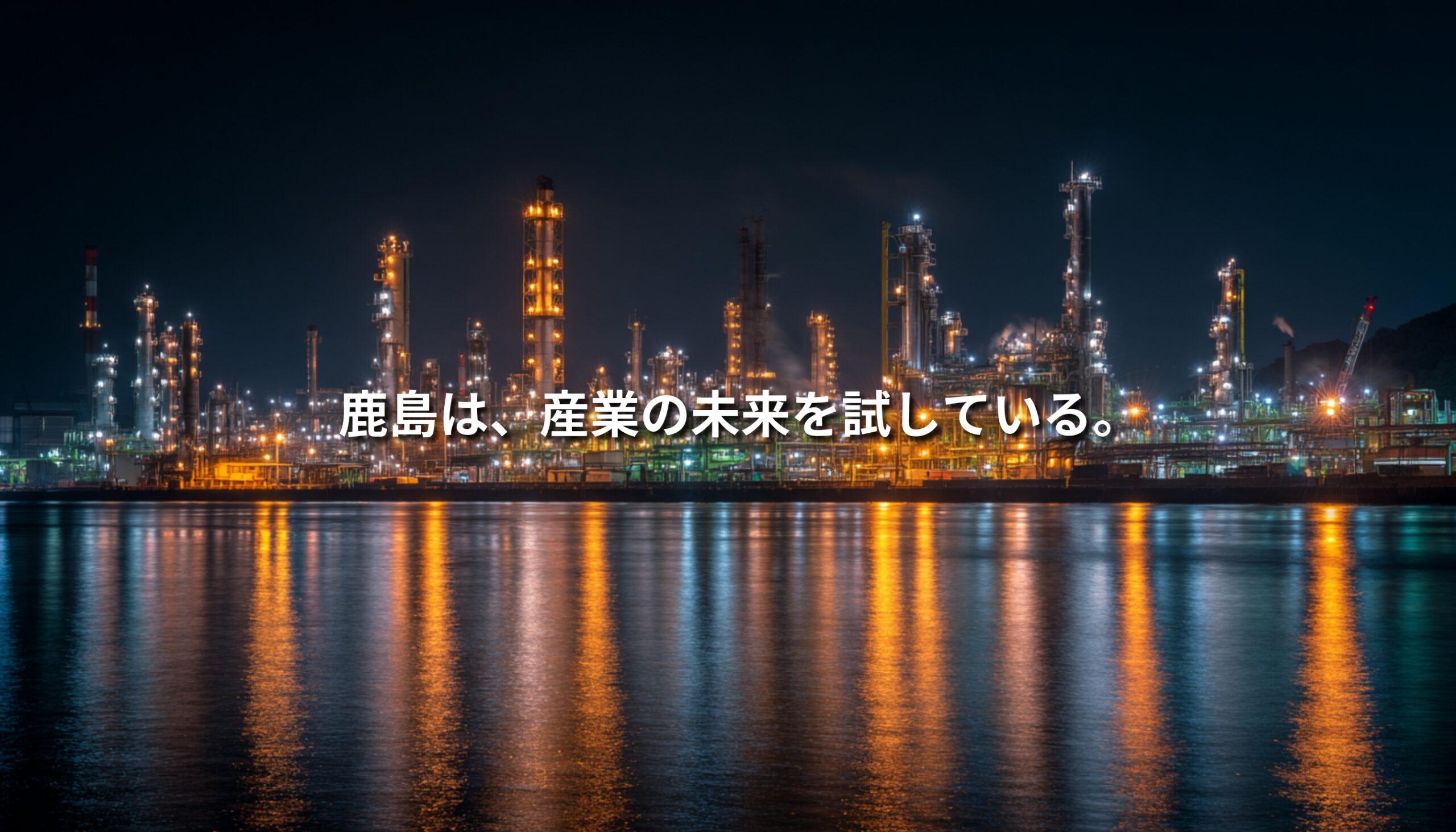 夜の鹿島臨海工業地帯を想起させる工場夜景。水面に工場の光が反射し、中央に「鹿島は、産業の未来を試している。」というコピーが配置されている。