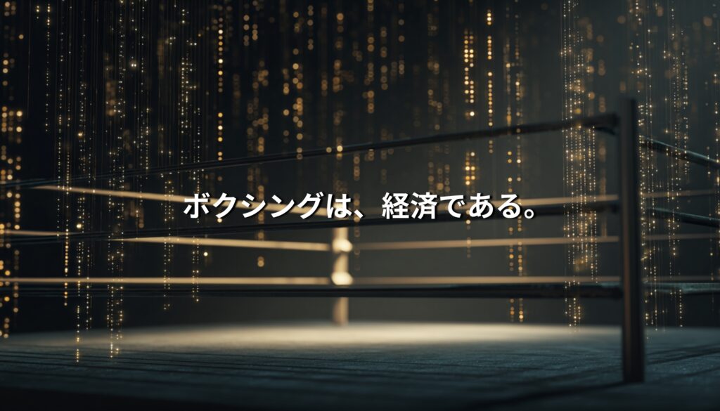 デジタル経済を象徴する光の背景とボクシングリング。スポーツビジネスの巨大市場を表現したビジュアル。