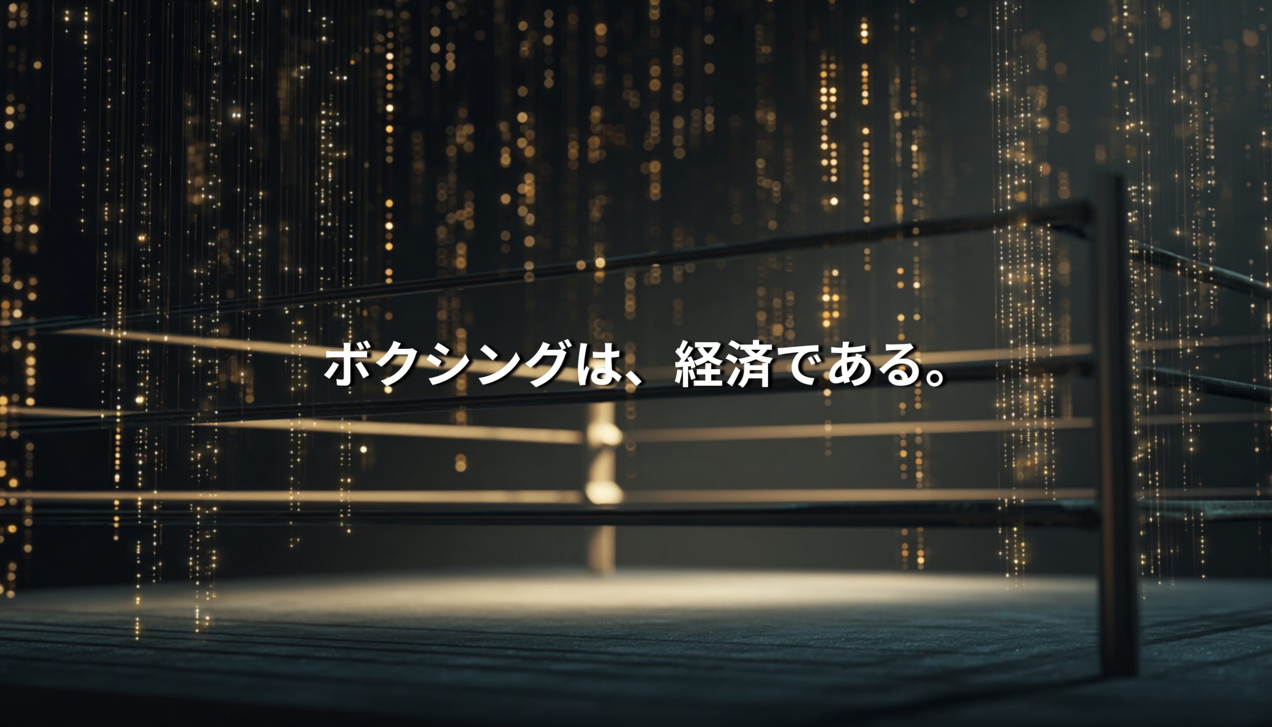 デジタル経済を象徴する光の背景とボクシングリング。スポーツビジネスの巨大市場を表現したビジュアル。