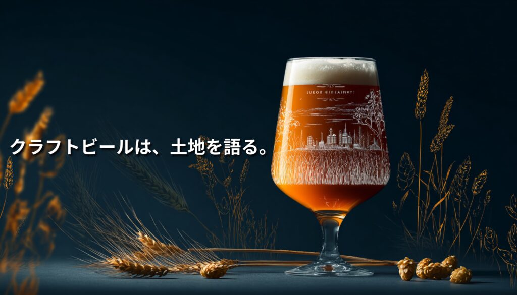 クラフトビールのグラスと麦の穂を暗い背景に配置し、「クラフトビールは、土地を語る。」というコピーを重ねたアイキャッチ画像