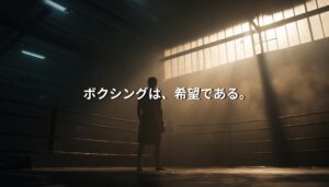 薄暗いジムのリングに立つボクサーのシルエット。窓から差し込む光の中に「ボクシングは、希望である。」という文字が重なる。