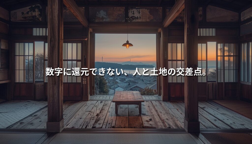 夕暮れ時のノスタルジックな古民家の室内から、開け放たれた窓越しに海沿いの街並みと沈みゆく夕日を望む風景。無人の部屋には温かいペンダントライトが灯り、中央の画像には「数字に還元できない、人と土地の交差点。」という文字が重なっている。