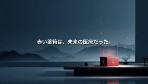 富山の山並みを背景に、静かな水辺の空間に赤い薬箱が置かれ、「赤い薬箱は、未来の医療だった。」というコピーが添えられている。配置薬の伝統とAIヘルスケアへの進化を象徴するアイキャッチ画像。