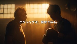 夕暮れのボクシングジムで年配のトレーナーと若い選手が向き合うシルエット