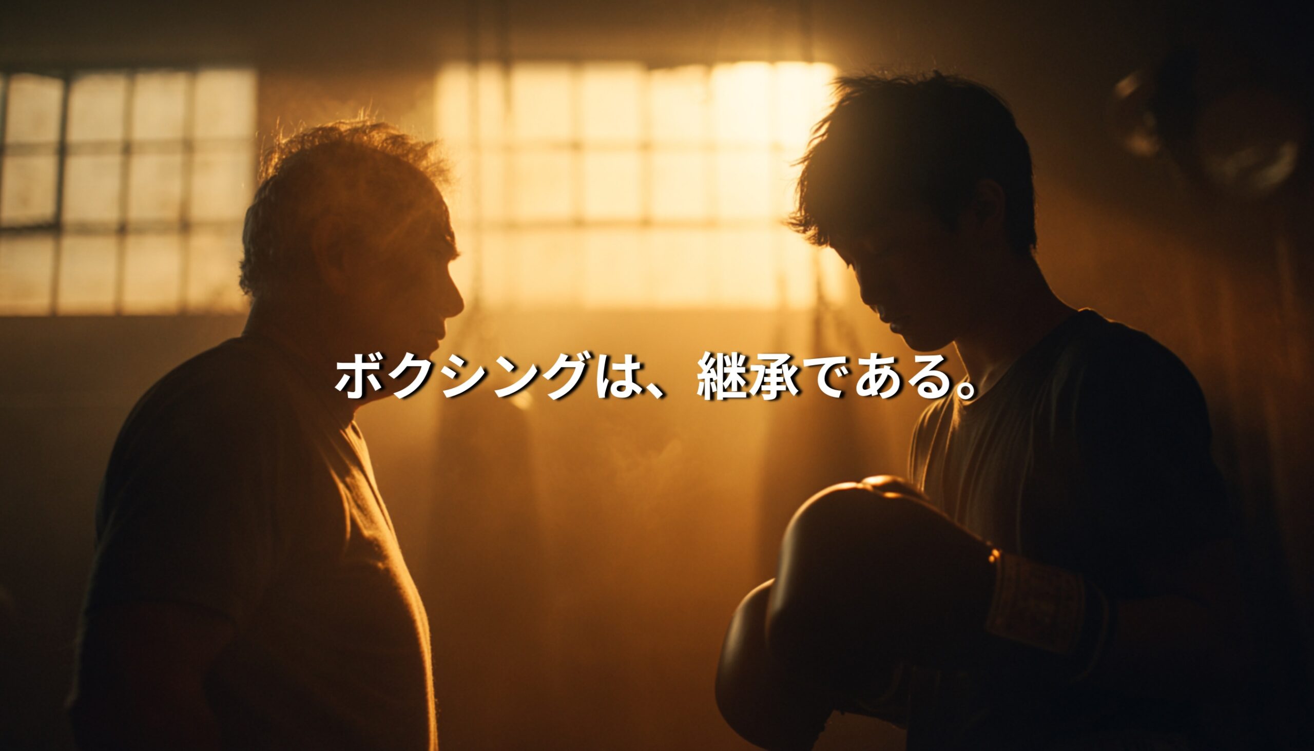 夕暮れのボクシングジムで年配のトレーナーと若い選手が向き合うシルエット