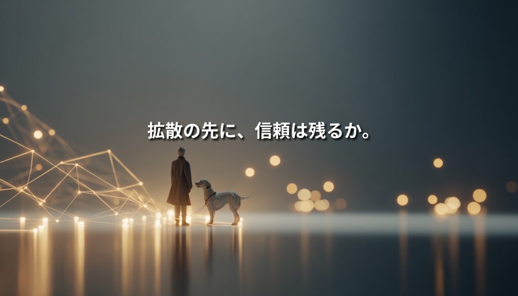 夜明けのような暗い空間で、人と犬が静かに立ち、周囲に光のネットワークが広がっている抽象的なビジュアル。SNSマーケティングにおける拡散後の信頼関係を象徴している。