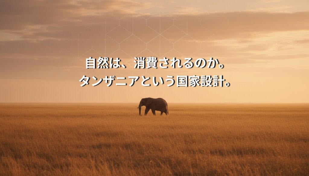サバンナに立つ象と夕景を背景に「自然は、消費されるのか。タンザニアという国家設計。」と表示されたビジュアル